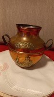 Antique copper pot/container with front and back appliquéd scene decoration or With dense decoration on top