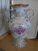 Hollóházi barokkos porcelán váza, 35 cm, feliratos, hibátlan