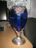 Blue, glass decorative vase, with metal overlay and metal base part, approx. 30 cm