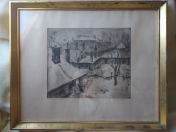 Csergezán pál: Buda gardens rare etching, original frame, marked, 52 x 43 cm