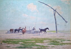 Husvéth Lajos (1896-1956) nagyméretű olaj, vászon - paraszti életkép a tanyán lovakkal, gémeskúttal