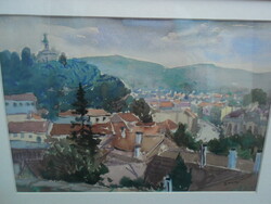 The work of an artist unknown to me, Tihany skyline, watercolor cardboard, marked, in a frame.