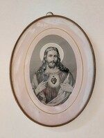Régi falikép réz keretes fali dísz Jézus Szentséges Szíve kép 14.5 cm