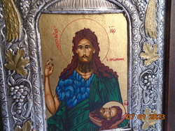 950 ezüst és 22Karany díszes  keretben Keresztelő Szent János  Bizánci ikon múzeumi másolat certivel