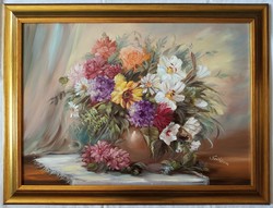VÉGSŐ ÁR! JAN. 28-IG ÉL! Varga Szidónia "Vegyes virágcsokor" c. olajfestmény keretben, ingyen posta