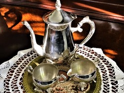 Fantasztikus, vintage, vastagon ezüstözött, teás, kávés készlet gyönyörű virágmintával