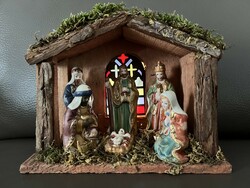 Régi betlehem porcelán figurákkal karácsonyfadísz, karácsonyi dekoráció