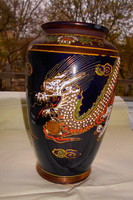 Satsuma Japanese hand-painted vase - dragonfly pattern rare black base 18 cm
