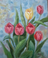 Antyipina Galina: Tulipánok, olajfestmény, vászon, festőkés, 30x25cm