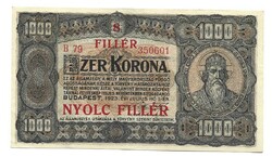 1000 korona / 8 fillér 1923 nyomdahely nélkül eredeti állapotban.