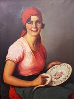 Csalány Béla (1879-1948) Tányért Törölgető Lány