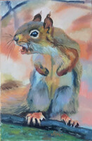 Antyipina Galina: Felháborodott mókus, olajfestmény, vászon, 30x20cm