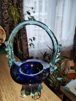 Üveg,kék cirmos kosárka (22 cm)
