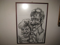 Karikatúra rajz  2007 ből  ,  BIHON GYŐZŐ   , keretezve 44 x 62 cm