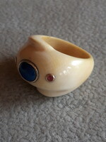Old bone ring with gold, ruby and lapis lazuli in size 58