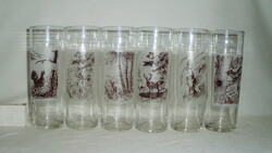 Hat darab retro üveg pohár, vizes, üdítős pohár vadászoknak - szarvas, őz, fácán... mintával