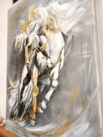 "Aranyló vágta"Fehér-fekete-arany festmény.70x 50 cm-es feszített vászon