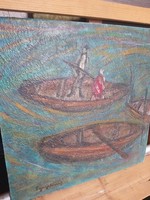 Csónakázó emberek szignált festmény.