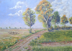 Derűs nyári tájkép pásztorral és bárányokkal - pasztell (mérete kerettel 33x43 cm) paraszti életkép