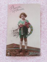 Régi újévi képeslap 1923 fotó levelezőlap kisfiú fagyöngy szerencsepatkó