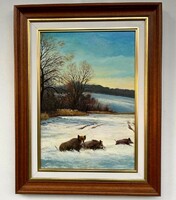 I have reduced the price of falconry wild boars in winter framed 68x52cm