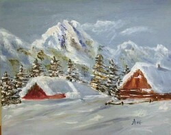 Antyipina Galina: Tél a hegyekben, olajfestmény, vászon. Festőkés. 40x50cm