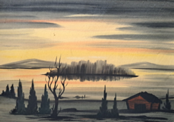 Tóparti alkony (37x52 cm) tusrajz, akvarell