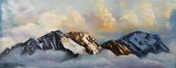 Antyipina Galina: Hegyek a felhőkben, olajfestmény, vászon, festőkés. 20x50cm