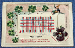 Antik francia dombornyomott Újévi üdvözlő litho képeslap nyomdai titkosírással törpe lóhere katica