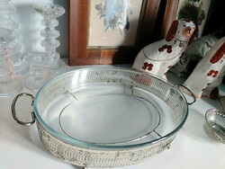 Heat-resistant baking dish insert, vintage silver-plated centerpiece with handles, offering 43 cm