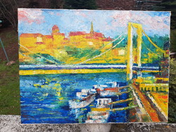 VÉN impresszió; Olaj, vászon 60 x 80 cm, Dunai tájkép, Budai várral, festmény, keret nélküi aukció