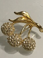 Gold-plated brooch with cherries encrusted with crystals, 4 x 3.8 cm