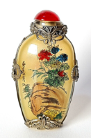 Antik kínai parfümös üveg / belülről festett - ritkább - ezüstözött fém szerelékkel díszített