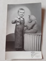 Old children's photo 1955 little boy with teddy bear vintage photo light-fabric smile album