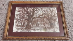 Réti Mátyás 1992 ceruza rajz ,erdő, fák