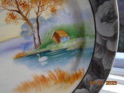 Kézzel festett japán süteményes tányér tájképpel, ezüst rózsás peremmel  19 cm