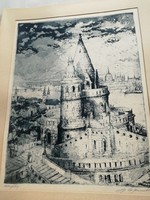 Fisherman's bastion, large-scale work - signed etching, signature unknown to me - 50 x 40 cm.