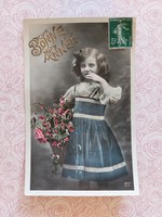 Régi újévi képeslap 1909 fotó levelezőlap kislány virágok