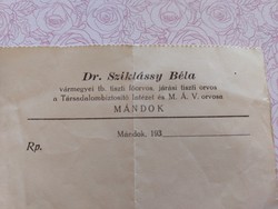 Régi orvosi recept 1930-as évek vény Mándok