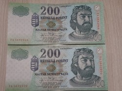 200 forint 2007 FA sorozat sorszámkövető pár aUNC ropogós bankjegyek