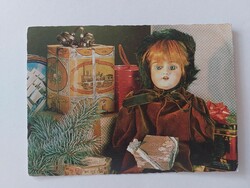 Régi karácsonyi képeslap retro levelezőlap fémdobozokkal babával