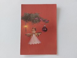 Old Christmas card retro postcard with Christmas tree decorations angel