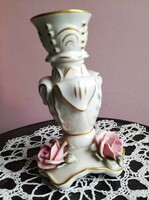 Hibátlan Volkstedter porcelán::aranyozott, rózsás gyertyatartó