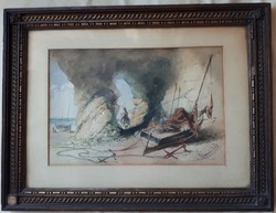 23x15 cm-es akvarell kép, tengerpart halászbárkával