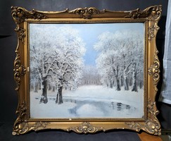 Téli tájkép patakkal, fákkal - Markovich Jenő olajfestménye, kerettel együtt! - havas erdei táj