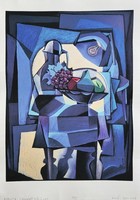 Vinkó Leó - Kubista csendélet szőlővel 49,5 x 37 cm művészi nyomat, merített papíron