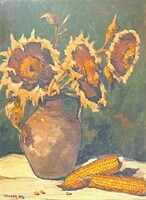 Csendélet napraforgóval, kukoricával (olaj, farost, kerettel 59x44 cm) Molnár 1976 jelzéssel
