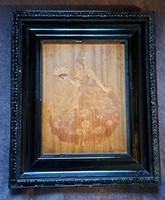 Szecessziós fa intarzia kép. Eredeti antik keretével.Mérete.24x18 cm.