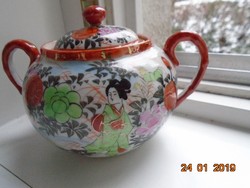Kutani hand painted peony, bird sugar bowl with geisha, golden punctuation mark