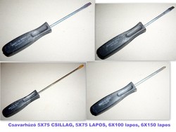 Csavarhúzó 5X75 CSILLAG, 5X75 LAPOS, 6X100 lapos, 6X150 lapos és Csavarhúzó csillag 3mm (2,8mm átm.)